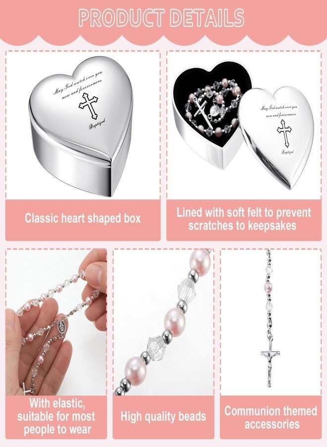 Quelay 2 Pcs Heart Jewelry Keepsake Box and Pink Baby Rosary Baptism Gift, Silver Toned Jewelry Box with Engraved Cross Baby Baptism Gift for Girls Baptism, First Communion, Christening - Image 3